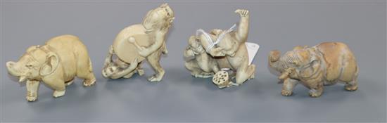 Two Japanese ivory okimonos of monkeys and two ivory elephants, early 20th century tallest 6.5cm